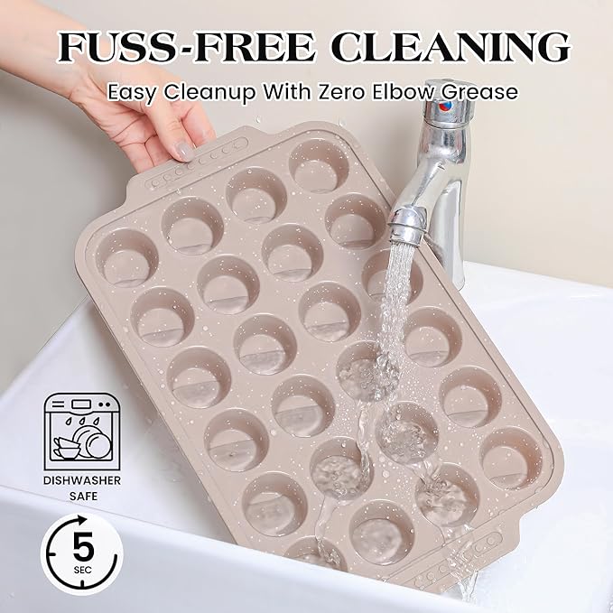 1 Pc Silicone Muffin Pans for Baking with Metal Reinforced Frame, Nonstick Cupcake Tray for Oven, 24 Cups Mini Size Silicone Molds for Egg Bites, Dishwasher Safe (Brown)