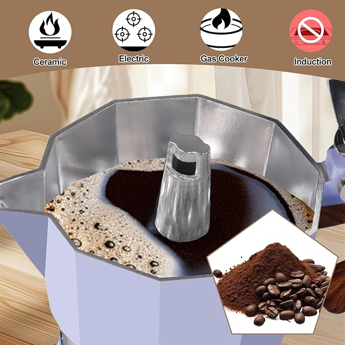 Aluminum 6 Cup 300ml Moka Pot Express Coffee Maker Stovetop Espresso Colorful Coffeemaker Italian Classic Style Brewing Greca Cafe Mocha Machine for Cafeteras Lover Camping Travel and Home Use 10oz