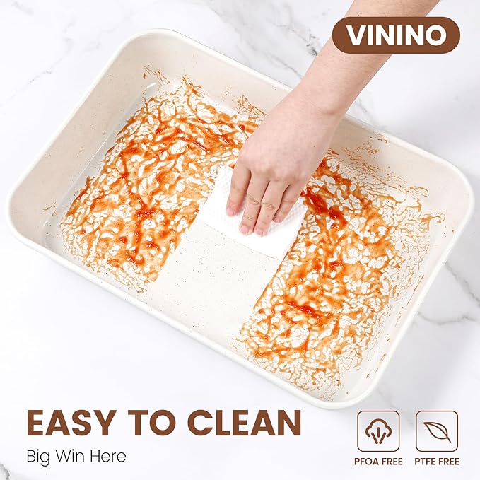 Vinino 8-Piece Baking Pans Set Nonstick, Bakeware Set includes Silicone Muffin, Loaf, Cake Pans with Metal Reinforced Frame, and Carbon Steel Roasting Pan, Cookie Sheet, Cooling rack for Oven-Cream