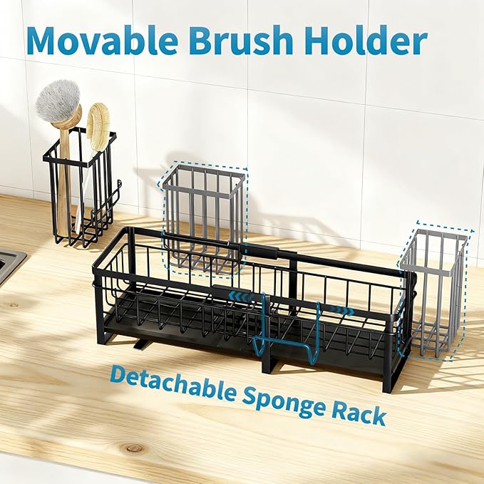 Extra Large Extendable Sponge Holder for Kitchen Sink, Rustproof Sink Caddy Organizer with High Brush Holder, Dish Soap Dispenser Organizers and Storage (Black)