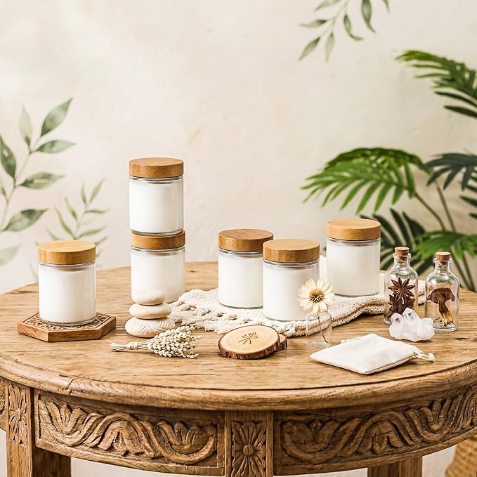 Norme 24 Pcs 8oz Glass Jars with Lids Empty Small Glass Containers and Inner Liners Reusable Cosmetic Jars Round Airtight Bottles with Plastic Wood Grain Lids for Travel