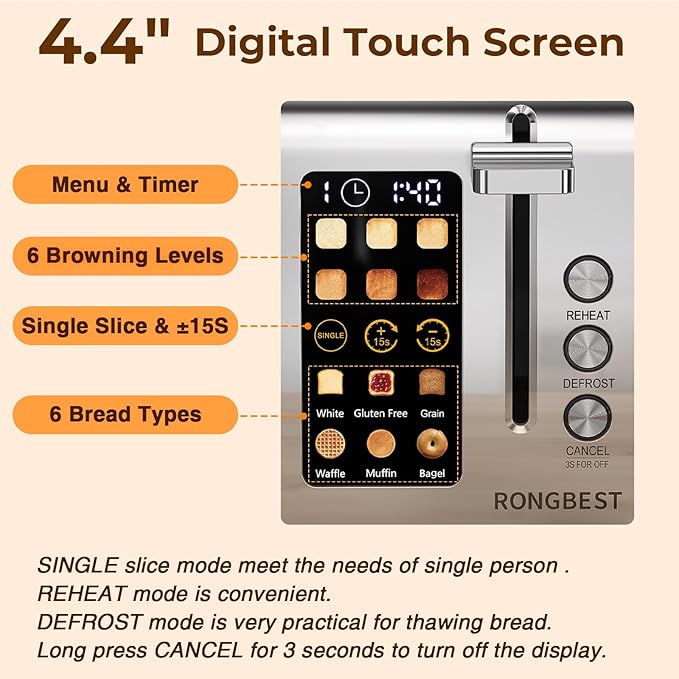 2 Slice Touch Screen Toaster Stainless Steel Digital Touchscreen with Wide Slots, Reheat & Defrost, Even Toasting for Bagel & Bread, Easy Removable Crumb Tray, Cream Color