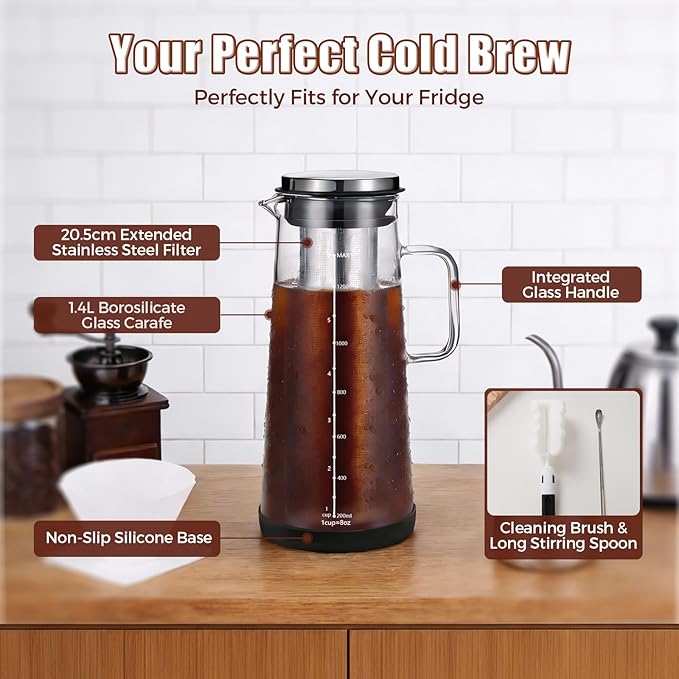 Cold Brew Coffee Maker 1.4L/48oz with Extended Filter & 2 Pcs Stainless Steel Espresso Cup (Black), Coffee Brewing Set with Cleaning Brush, Stirring Spoon & 3.4oz/100ml Dual Scale Measuring Cup