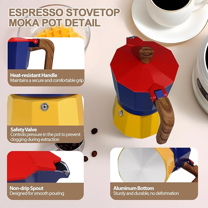 Aluminum 6 Cup 300ml Moka Pot Express Coffee Maker Stovetop Espresso Colorful Coffeemaker Italian Classic Style Brewing Greca Cafe Mocha Machine for Cafeteras Lover Camping Travel and Home Use 10oz