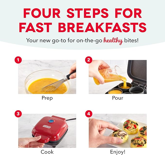 Dash Deluxe Egg Bite Maker - Electric Egg Bite Maker for Healthy Protein Snacks - Quick Cleanup, Space-Saving Design & Non-Slip Feet - 4 Servings, Red