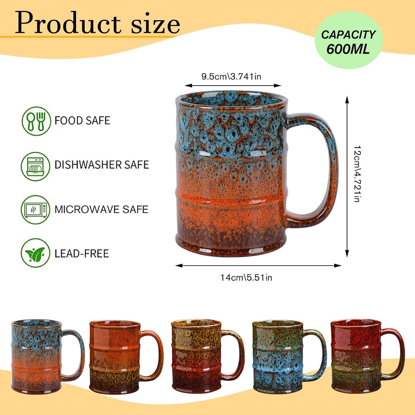 Yellow and Red 20 oz Ceramic Coffee Mugs - Large, Dishwasher and Microwave Safe for Office and Home