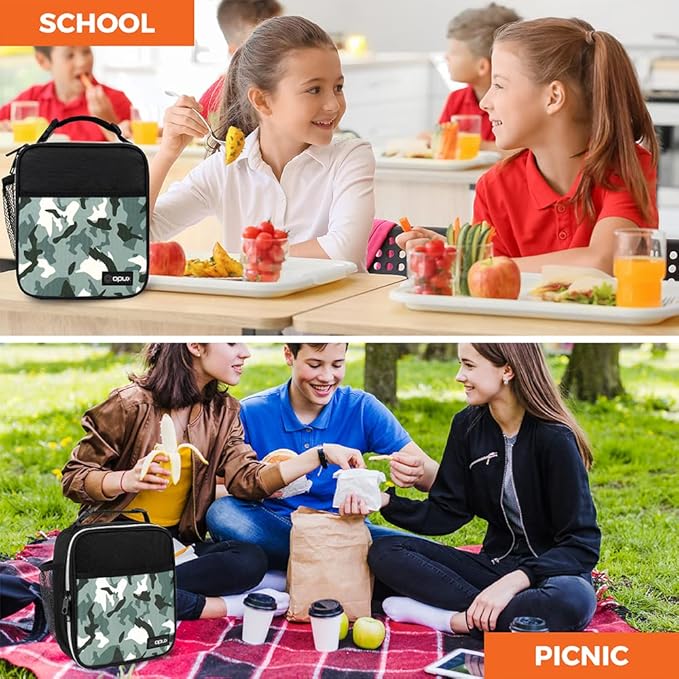 opux Premium Insulated Lunch Box, Soft School Lunch Bag for Kids Boys Girls, Leakproof Small Lunch Pail Men Women Work, Reusable Compact Cooler Tote Lunchbox for Office Adult, Camo Green