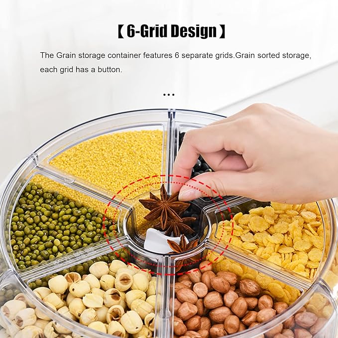 XIYAO 20Lbs large Grain dispenser 360°Rotating Rice Food Dispenser 6 Grids rice container rotatable Beans Containers Storage with Sealed lid for Peanut Barley Millet and Cereal