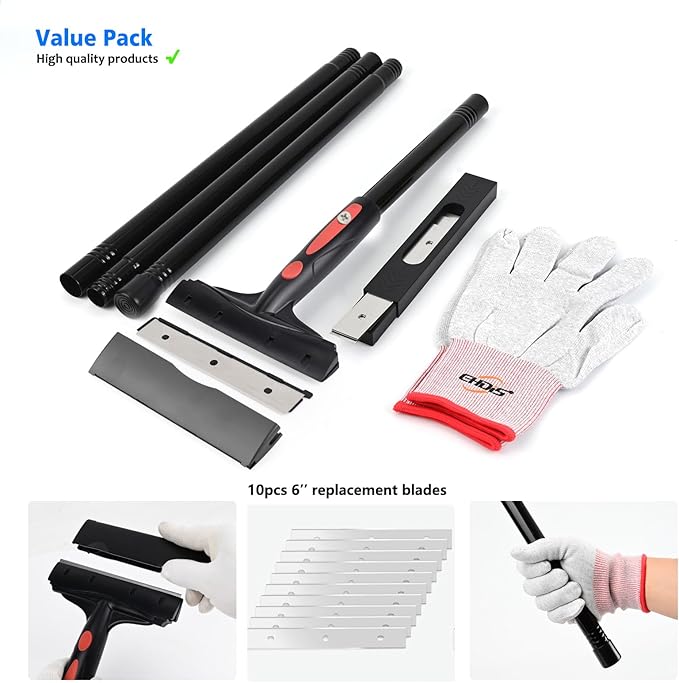 EHDIS Extenble Razor Blade Scraper, 16''-58'' Long Handle 6" Wide Blade Scraper Tool with 10 Double-Edge Blades for Cleaning Paint, Caulk, Adhesive,Painting, Tile, Floors, Ice Scraper (068-pro)