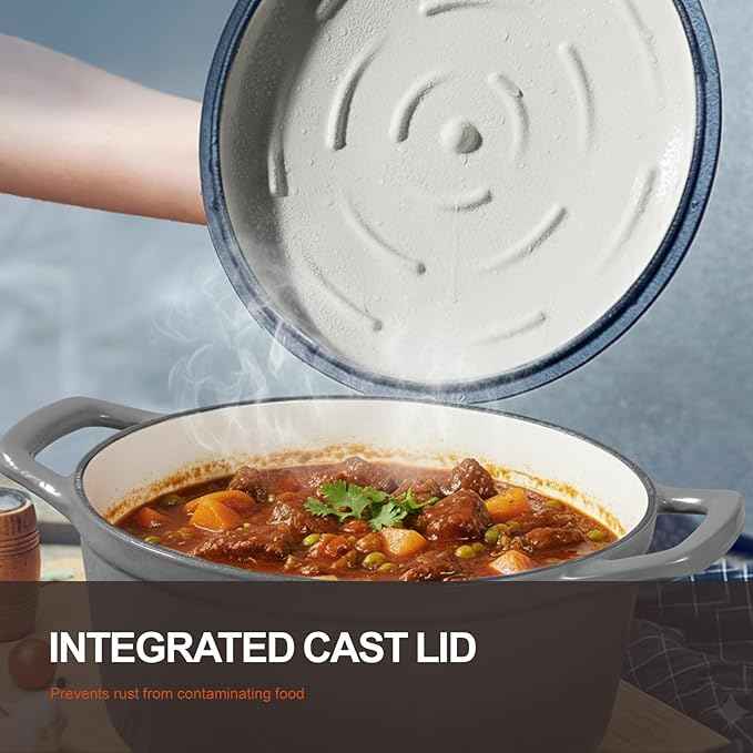 Overmont Refined Enameled Cast Iron Dutch Oven - 5.5QT Pot with Wide Handles Lid Cookbook & Cotton Potholders - Heavy-Duty Pre-Seasoned Cookware Oven Safe to 500°F for Braising, Stews, Roasting, Bread Baking