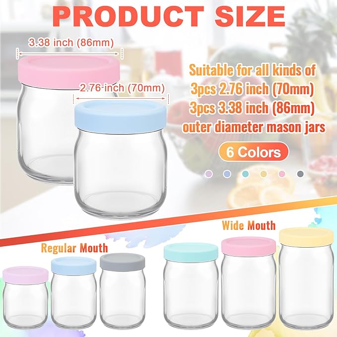 Teenyyou 6 Pcs Mason Jars 3 Wide and 3 Regular Mouth Lids Mason Jar Lids Thickened Leak Proof Lid for 86 mm and 70 mm Wide and Regular Mouth, Reusable Canning Jar Caps (Macaron)
