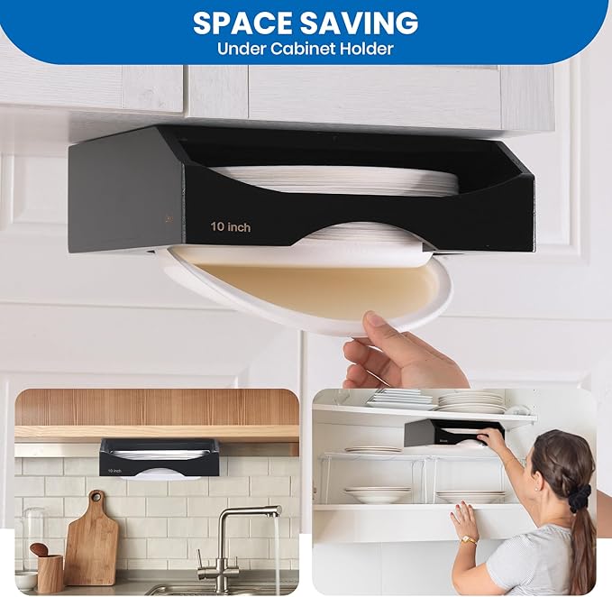 10-inch Paper Plate Dispenser Under Cabinet,Bamboo Paper Plate Holders,Kitchen Counter Vertical Plate Dispensers Holders Countertop Caddy (For 10-inch Plates,Black)