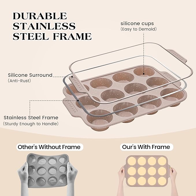 2 Pcs Silicone Muffin Pans for Baking with Metal Reinforced Frame, Nonstick Cupcake Tray for Oven, 12 Cups Regular Size Silicone Molds for Egg Bites, Dishwasher Safe (Brown, Cream)