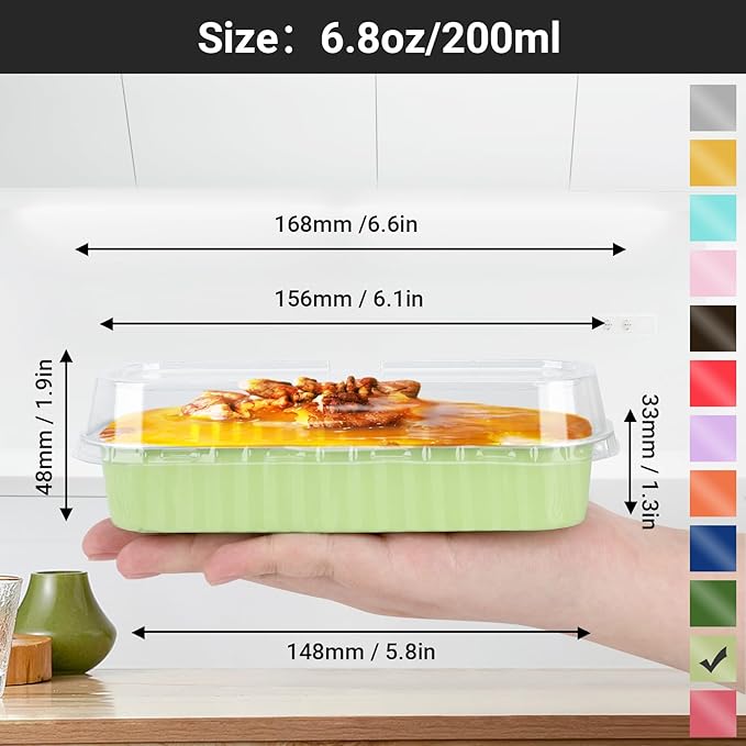 EUSOAR Foil Ramekins with Lids, 50pcs 6.8oz 6.5"x2.5"x1.2" Disposable Aluminum Baking Cups Mini Cake Pans with Lids, Rectangle Cupcake Containers Wrappers，Dessert Cheesecake Creme Brulee Pan