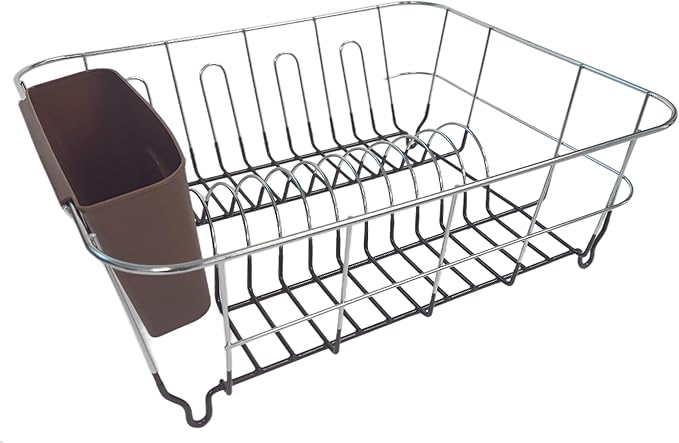 Dish Drying Rack & Cutlery Holder 2 Piece Set - Compact Sink-Fitting Dish Drainer with Rubberized Undercoating, Space-Saving Kitchen Organizer for Plates, Cups, Bowls & Utensils in Sink, Bronze Brown