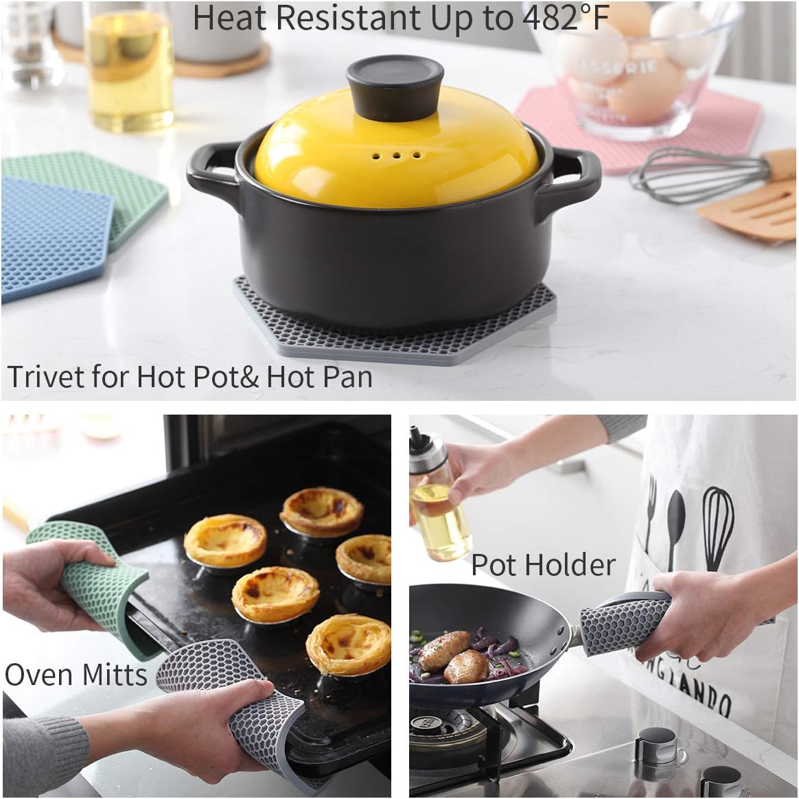 4 Packed Silicone Trivet Mats - DIY Different Size Dish Drying Mat, Hot Pot Holder for Pots & Pans, Non-Slip & Heat Resistant Kitchen Hot Pads for Countertops & Table, Beige