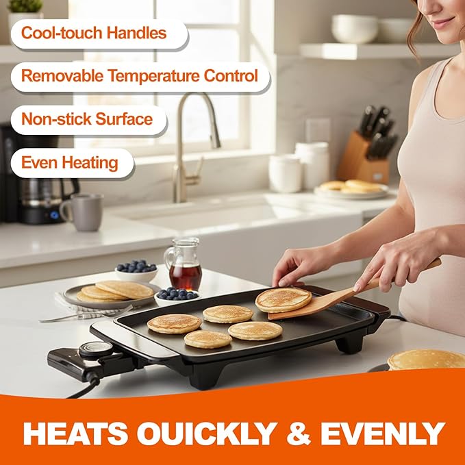 Small Electric Griddle, 10 Inch Mini Ceramic Non-Stick Electric Skillet with Adjustable Thermostat, 1200W Single Serve Grill for Breakfast, Cooking for Pancakes, Eggs, Sausage
