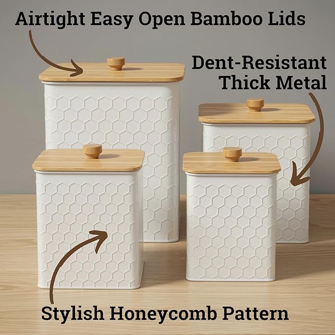 Kitchen Canisters for Countertop Set of 4 - Textured Iron Kitchen Canisters with Airtight Lids - Flour Sugar Canister Set - Flour and Sugar Containers Farmhouse - Coffee Jar for Counter - White Jar x4
