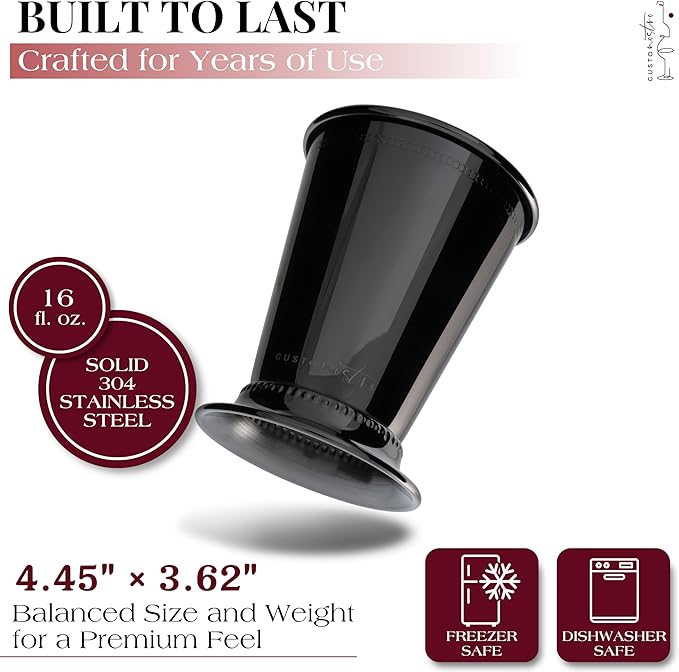 Gusto Nostro Mint Julep Cups Set of 2 - Stainless Steel Julep Cup Kit with Straws, Muddler, Spoon, Recipes, Vases - Southern-style Cocktail Glasses for Home Bar - Stainless Steel Cocktail Cups (Black)