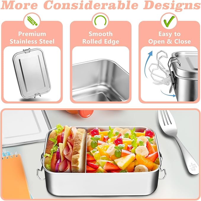 TeamFar Stainless Steel Bento Box, 4 Pack (16 * 2, 28 & 47oz) Metal Lunch Box with 3 Compartments for Adults Kids, Lunch Food Containers for School/Work/Meal Prep, Leak-Proof, 550ML*2+850ml+1400ML