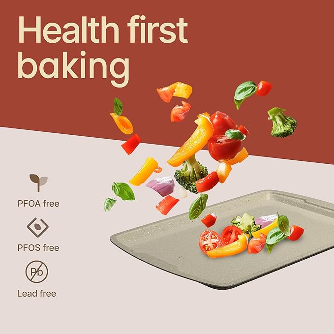 Bakken Swiss Cookie Sheet 3 Piece Set - Non-Stick, Stackable Baking Pans, White marble Deluxe Ceramic Coating – Dishwasher Safe - for Home Baking