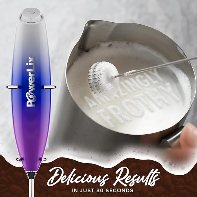 PowerLix Powerful Handheld Milk Frother With Stand Battery Operated Foam Maker Frother Wand For Coffee (Purple）