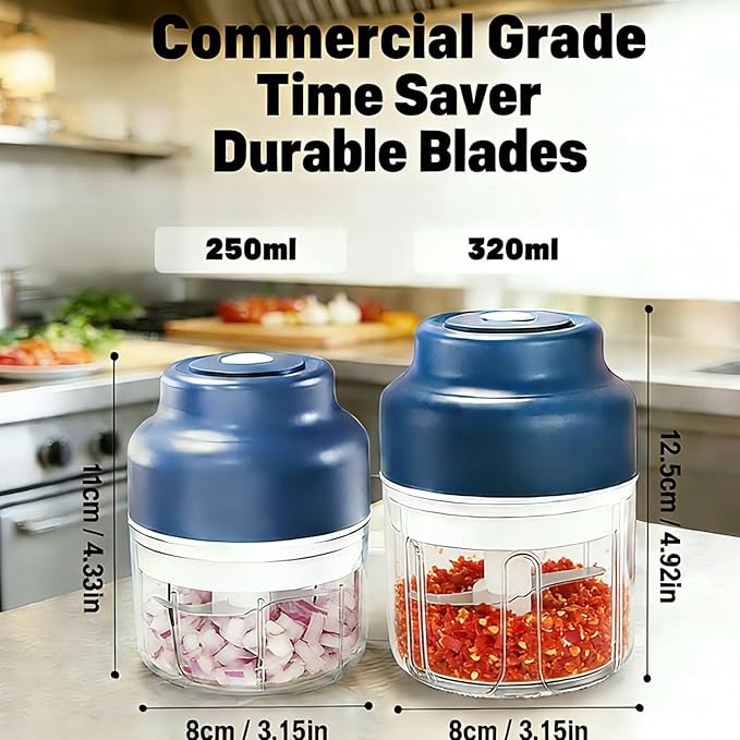 Electric Garlic Chopper Mini, Upgraded Rechargeable Veggie Chopper With Storage and Cover, One-Touch Food Processor with 4 Stainless Steel Blades for Onion Meat Chili Ginger (Blue, 320ml)