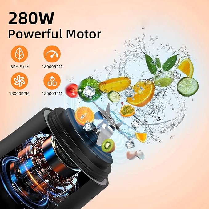 Portable Blender, Personal Size Blender for Shakes and Smoothies, 20 Oz Cup, Waterproof Mini Blender With Rechargeable USB, Juicer with 6 Blades for Home, Kitchen, Travel, Sports (Black)
