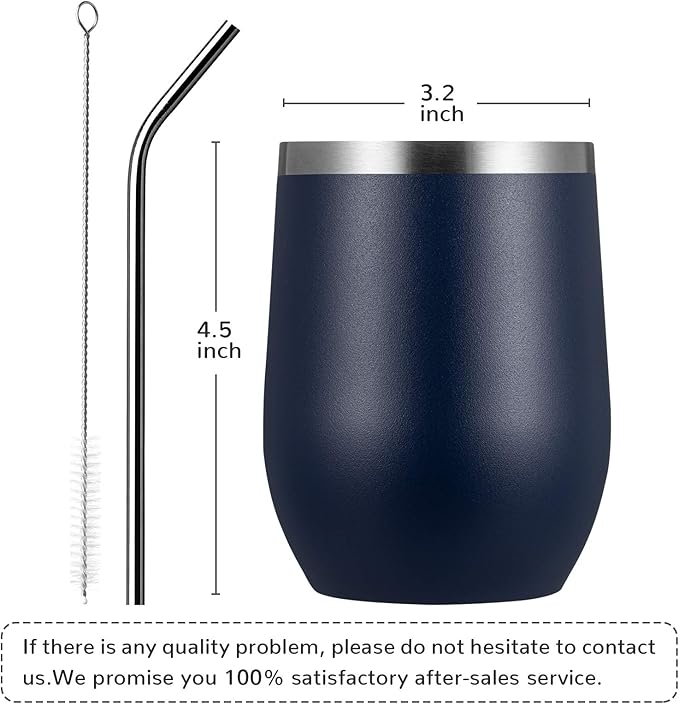 MEWAY 12oz/4 Pack Wine Tumbler Glasses with Lid - Stemless Double Wall Vacuum Stainless Steel Travel Tumbler - Keeping Cold & Hot for Wine,Coffee,Cocktails,Drinks-Family and Gifts (Navy,Set of 4)