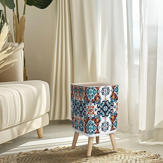 Small Trash Can with Lid Talavera pattern Indian patchwork Azulejos portugal ornament Moroccan Wastebasket with Press Cover Dog Proof Garbage Can Waste Bin for Kitchen Bathroom Nursery 2.6 Gallon