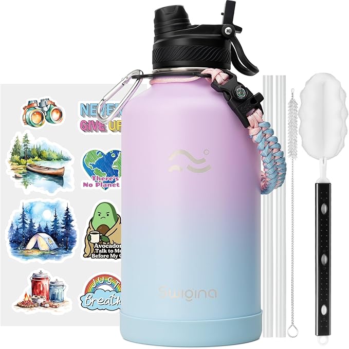 Swigina [2-IN-1 LID] 64 oz Insulated Water Bottle with Silicone Boot (48hrs Cold/24hrs Hot) - DIY Stickers, Leakproof, BPA Free, Half Gallon