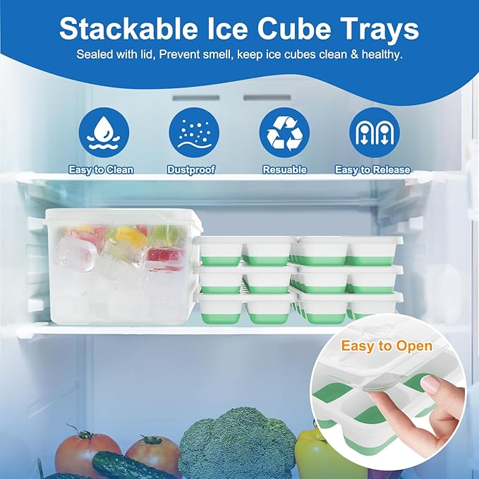 Ice Cube Trays with Lid and Bin, Silicone Plastic Ice Cubes Trays 11 Pack, Stackable Molds for Freezer, Storage Iced Bucket Kits BPA-Free and Odor-Free