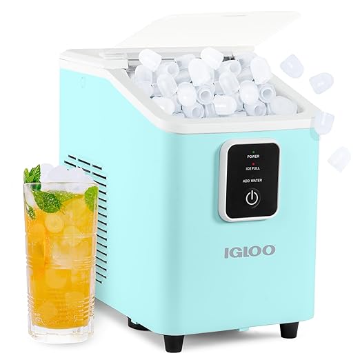 Igloo Portable Ice Maker with Scoop & Basket- Ice Maker with LED Control Panel & 1 Quart Water Tank- Ice Cube Maker Produces 26 Lbs Of Ice In 24 Hours with 8 Large or Small Cubes In 7-8 Minutes - Aqua