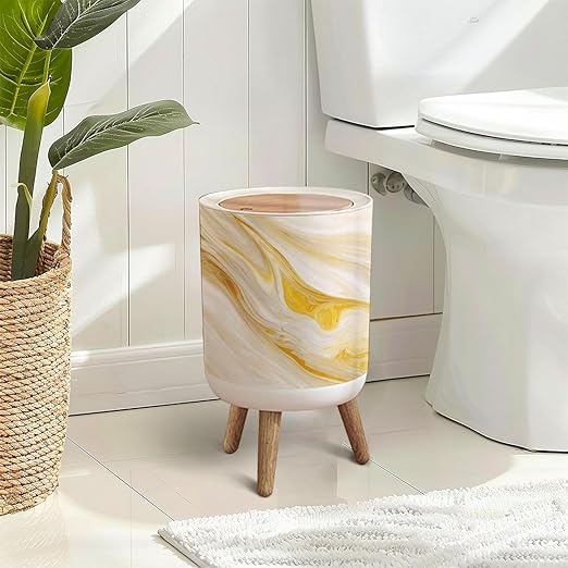 Trash Can with Lid Marble wall white brown ink swirl yellow green graphic abstract light Press Top Round Small Garbage Bin with Wooden Legs Waste Basket for Kitchen Bedroom Nursery 7L/1.8 Gallon