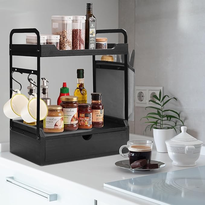 Coffee Bar Accessories and Organizer, 2-Tier Coffee Station Organizer, Wood Kitchen Countertop Organizer with Bag and Hooks, Coffee Pod Holder for Coffee Bar Decor, Syrup Snack Organizer