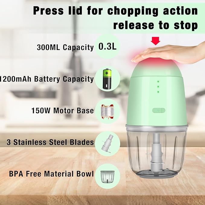 Food Processor - Rechargeable Mini Food Processor & Portable Small Food Chopper for Vegetables Fruit Onion Garlic, Kitchen 1.3Cup 10 0z,150 Watts, Glass Container Dishwasher Safe (Green)