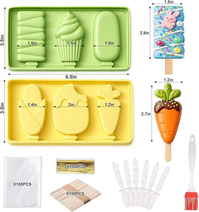 Juome Cake Pop Mold Kit, 2 Pack 6 Cavities Cakesicle Molds Silicone with 100 Wooden Sticks & 100 Packaging Bags with Ties, Cake Pop Maker Supplies Accessories, Baking Tools for Home Baking Desserts