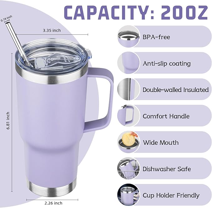 20oz Stainless Steel Insulated Tumbler with Handle and Lid, Double Wall Vacuum Insulated Coffee Mug, Leak Proof Travel Mug for Hot and Cold Drink, Mix Color-4 Pack
