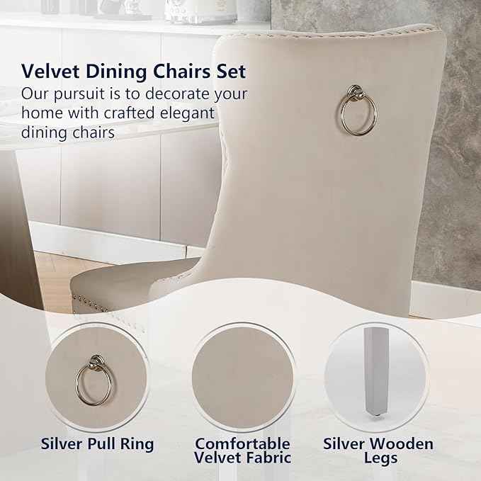 Velvet Dining Chairs Set of 6, Kitchen & Dining Room Chairs, Upholstered Dining Chairs with Back Ring Pull and Silver Solid Wood Legs, Modern Tufted Kitchen Chairs for Dining Room, Cream