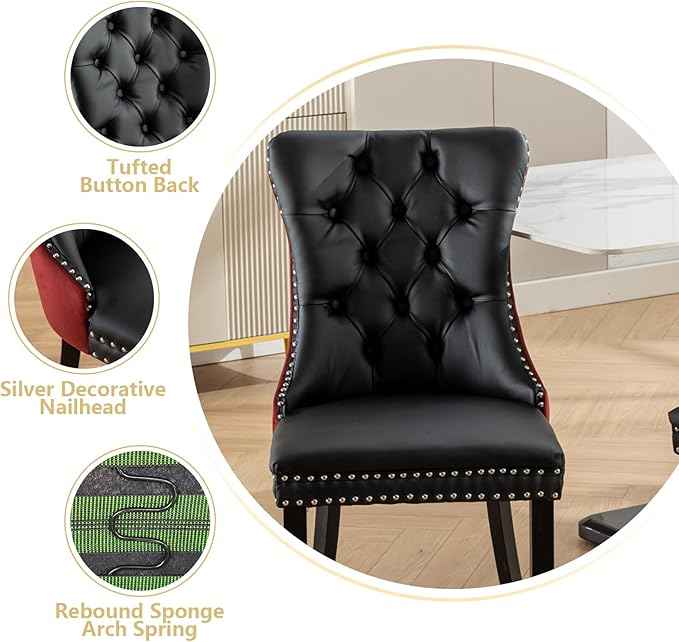 Dining Chairs Set of 2, Upholstered Dining Room Chairs with Back Ring Pull Trim and Solid Wood Legs, Modern Tufted Kitchen Chairs Perfect for Dining Room, Black Pu Leather Splicing WineRed Velvet