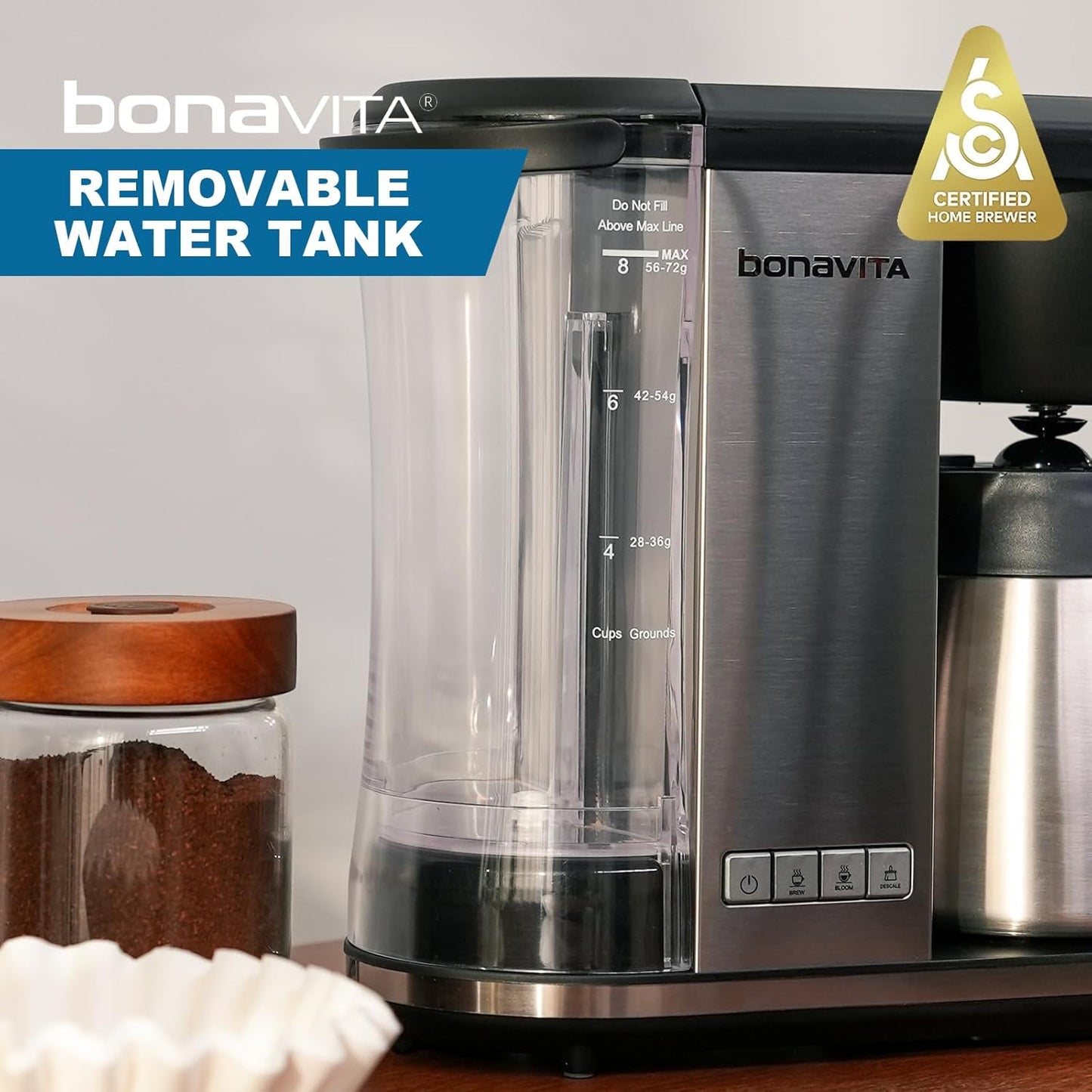 Bonavita Enthusiast 8 Cup Drip Coffee Brewer, Pour Over, SCA Certified Coffee Machine with Thermal Carafe, Stainless Steel Panel, Removable Reservoir, Matte Black