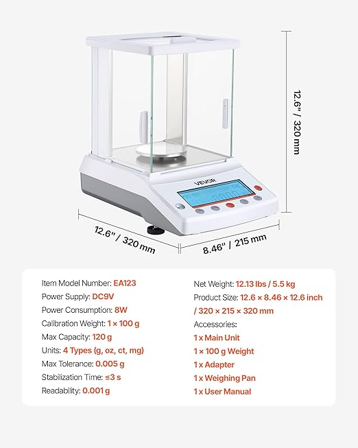 VEVOR Analytical Balance, 120 g x 0.001 g High Precision Accuracy Lab Scale, g/oz/ct/mg 4 Units Electronic Digital Analytical Balance with Glass Draft Shield, for Laboratory Jewelry Pharmacy