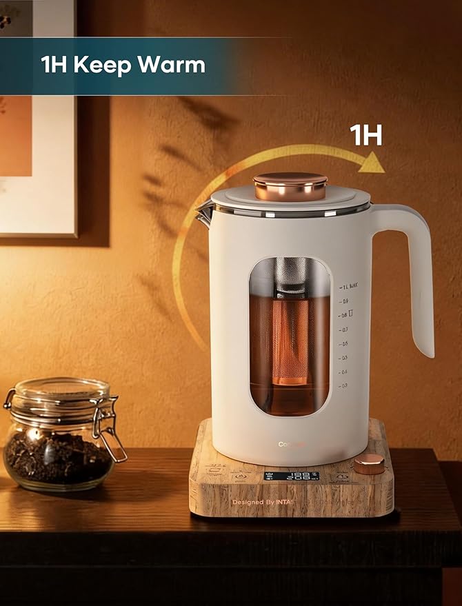 INTASTING Electric Tea Kettle, Electric Kettle with Tea Infuser, ±1℉ Knob Temperature Control, BPA-Free Glass, 1200W Fast Heating, Easy to Clean, 1 Liter (Cream White)