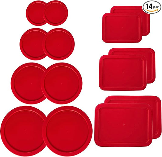 1, 2, 4 & 7 Cup Red Round & 3, 6, 11 Cup Red Rectangle Replacement Lids/Covers for Pyrex, Anchor Hocking & KlareWare Storage Bowls *Lids Only -Glass Container Not Included*, 14 Pack *2 of Each Size*