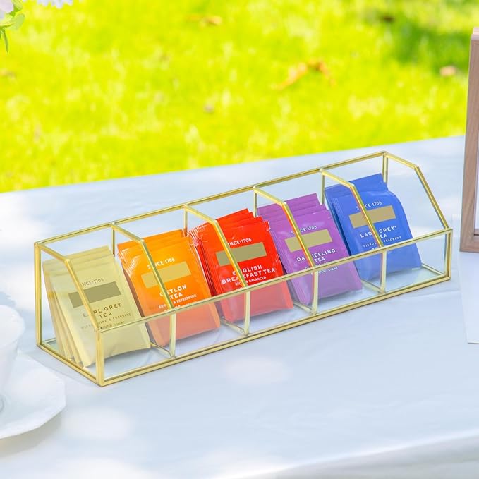 NCYP Glass Tea Bags Organizer with 5 Slots Compartments, Indoor Counter Top Display Case, Storage Box without Lid, Gold Teabag Storage Rack, Decor, 14.5 x 3. 6 x 3.6 Inches (Glass Box Only)