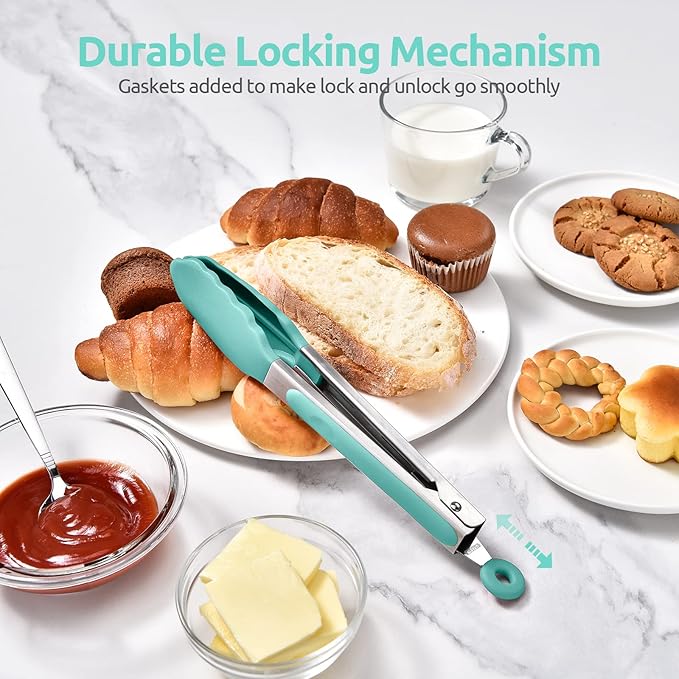 Heat Resistant Silicone Kitchen Tong: U-Taste 9 inch 480ºF Hot Proof Cooking Tong with Firm Sealed Non Stick Rubber Tips & Silicon Coated Steel Handle & Smooth Locking for Serving Grill Salad-Aqua Sky