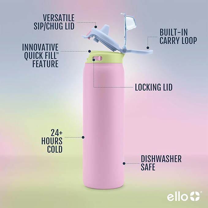 Ello Pop & Fill 22oz Stainless Steel Water Bottle with Quick Fill Technology, Double Walled and Vacuum Insulated Metal, Leak Proof Locking Lid, Sip and Chug, Reusable, BPA Free, Rosy Skyline
