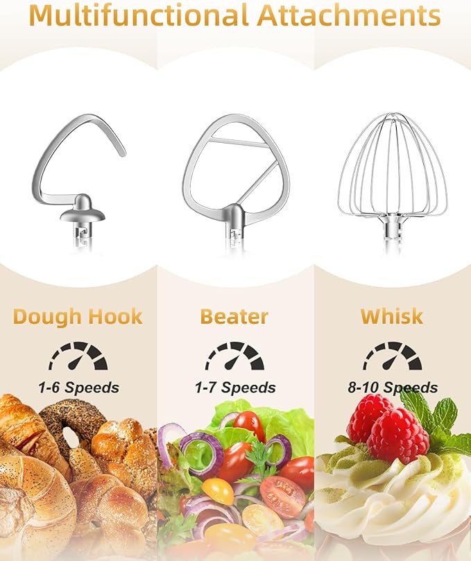 Facelle Tilt-Head Stand Mixer, 5QT+6QT Stainless Steel Two Bowls, 10 Speeds Kitchen Electric Food Mixer with Egg Whisk, Dough Hook, Beater, Dishwasher-Safe Attachment, Ideal Gift for Mom (Sliver)