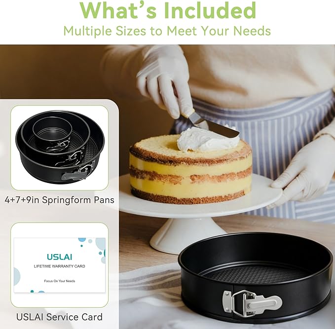 USLAI Springform Pan, 4+7+9 Inch Nonstick Cheesecake Pan with Removable Bottom, Easy to Clean, Ideal for Baking Cakes, Pies and Quiches - Set of 3