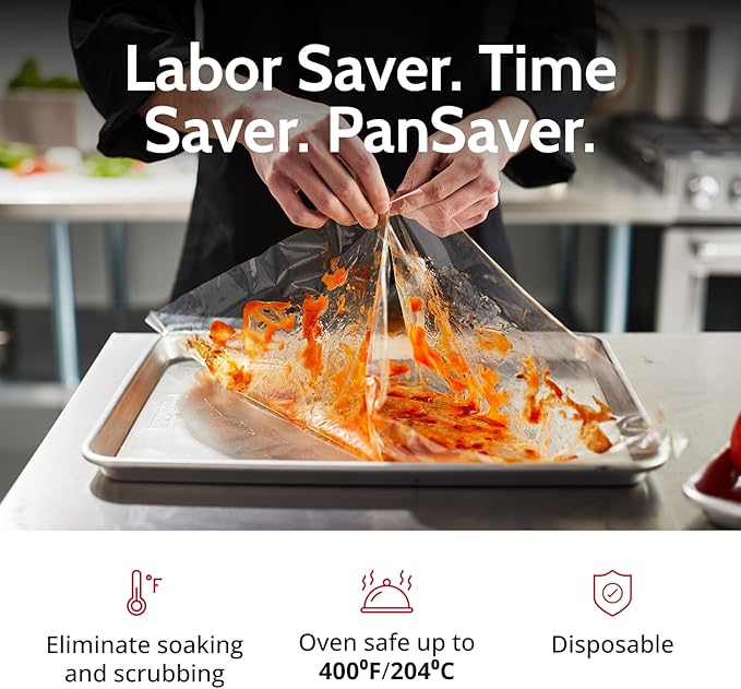 PanSaver Clear Sheet Pan Liners for Easy Clean Up - Disposable Buffet Pan Liners, Ovenable up to 400F (Bun Sheet Pan - 14.25 x 19 IN)